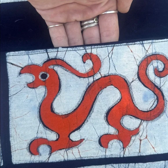 Chinese Dragon Batik Motif Wall Hangings in Black & Orange with Pockets, 24” - Picture 4 of 11